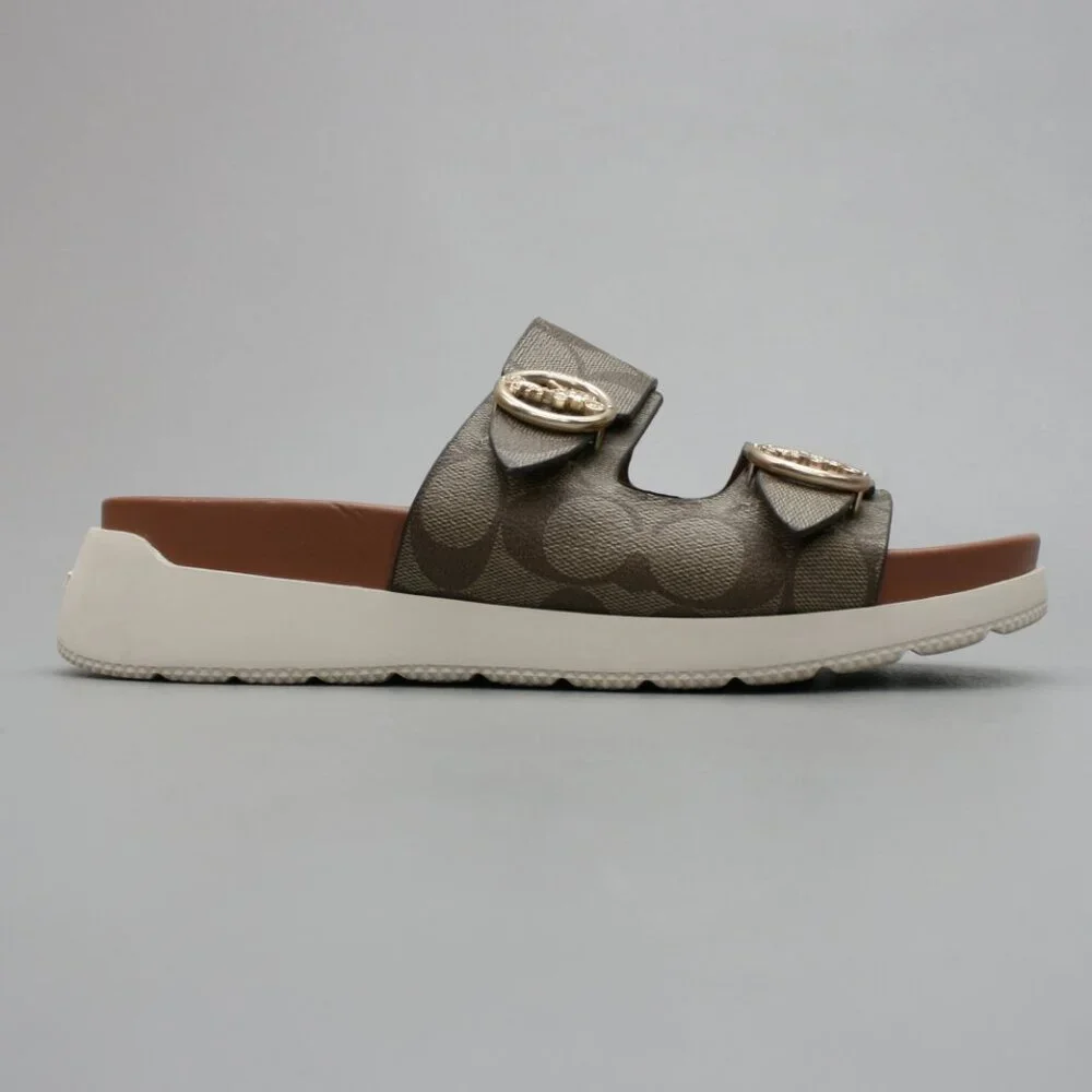 Coach Ladies 8 Gable Khaki/Saddle Signature Platform Slides Mules Sandals Shoes - Picture 4 of 12
